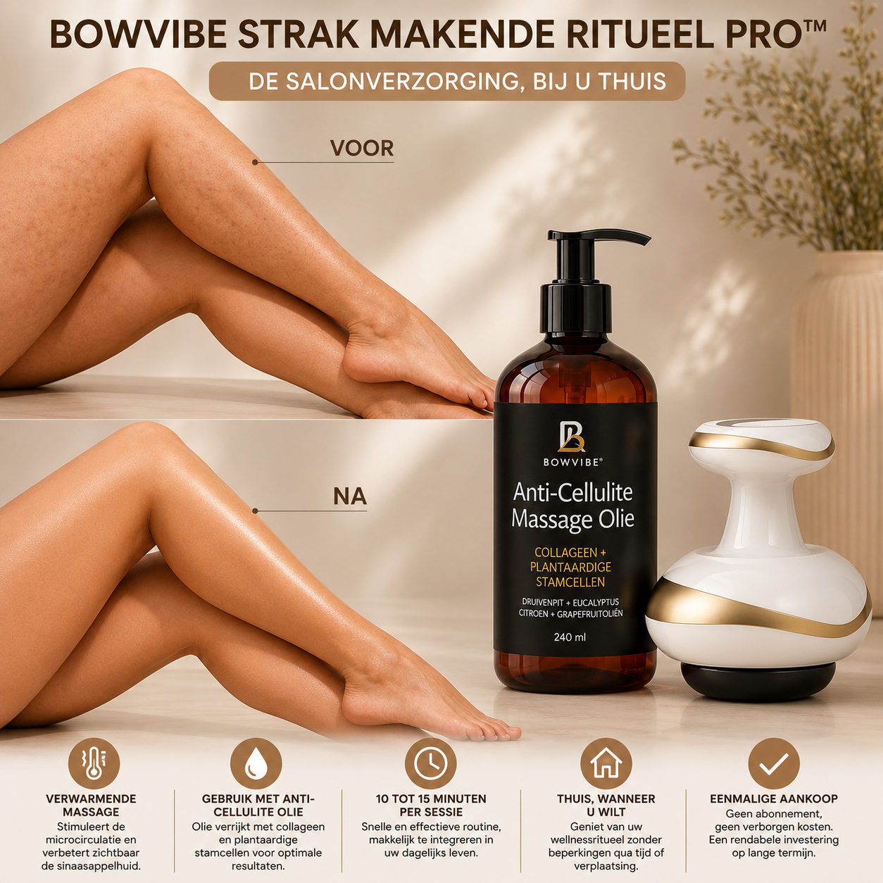 Bowvibe Gladmakend Ritueel Pro™ – Massageapparaat + Anti-Celluliteolie