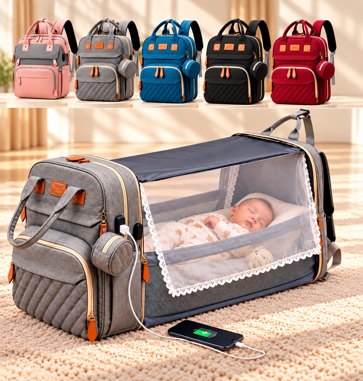 2-in-1 Wickeltasche mit tragbarem Babybett